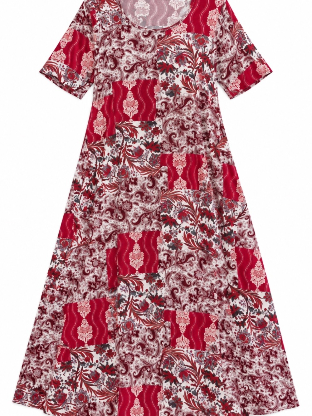 LINEN/BAMBOO midi dress 3X patchwork short sleeve pockets A line boho laced - Picture 2 of 10